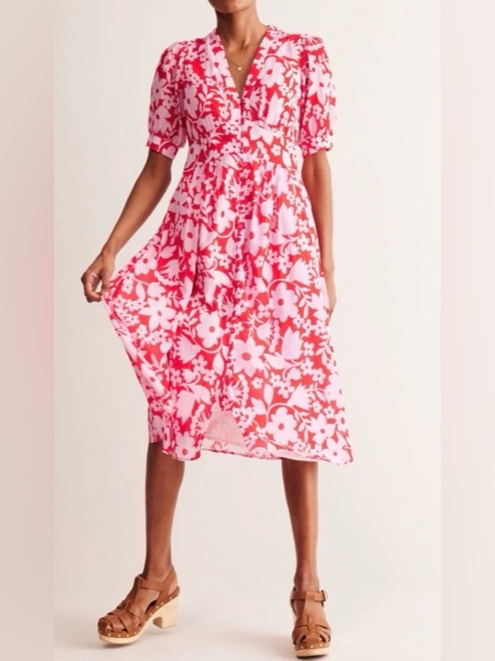 Boden Pink and Red Floral V‑Neck Midi Dress
